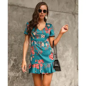 Wholesale Customs Clothes Summer Ladies Floral Printing Sexy V-neck Short Sleeve Ruffles Backless Woman Casual Dress