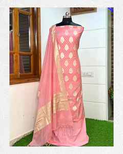 Elegante Traje Tradicional Banarasi de Seda Mercerizada para Mujer, Conjunto de Kurti de 3 Piezas Sin Coser, Protección Solar, Secado Rápido para Fiestas - Product Image 4