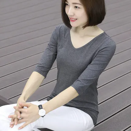 Primavera 2021 camicetta a maniche lunghe a 5 punte con fondo a manica lunga da donna slim T-shirt con scollo a v a 7 punte T-shirt coreana nera abbigliamento da donna