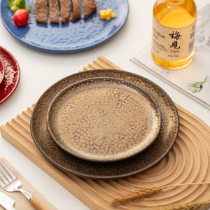 Ceramic Round Steak Plate Set 2Pcs Crackle Glaze Wabi Sabi <b>Handmade</b> Dishes For Party Home Use - Product Image 1