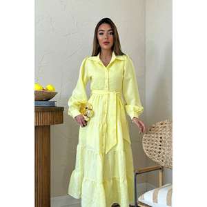 Vestido Largo Amarillo con Cinturón, Cuello Redondo, Corte Holgado, Tejido Translúcido, Informal para Uso Diario - Product Image 3