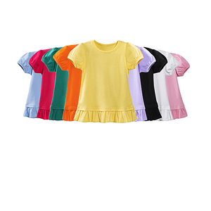 T-shirt en jersey de coton pour filles, col en O imprimé décontracté avec ourlet à manches bouffantes à volants, design à manches courtes pour enfants - Product Image 2