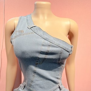 Nuova Tuta Intera da <span class=keywords><strong>Donna</strong></span> in Denim Lavato Elasticizzato con Spalle Scoperte, Vita Annodabile e Gamba Svasata, Outfit <span class=keywords><strong>Sexy</strong></span> Casual Stile Y2K Retrò - Product Image 6