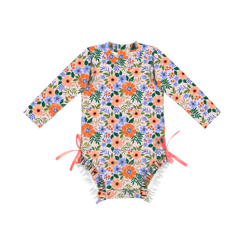 Повседневный слитный дизайнерский детский купальник с длинными рукавами и цветочным принтом