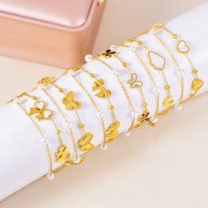 Bracelet tendance en acier inoxydable électroplaqué avec perles, double couche, nœud et coquillage, double face, motif cœur, cadeau pour femme - Product Image 1