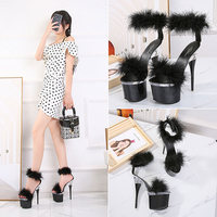 Sandales de soirée sexy pour femmes en fourrure de vison, chaussures de danse exotiques, sandales à talons hauts pour femmes, vente en gros d'usine