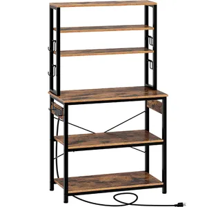 Kitchen Multifunctional 6-Tier Storage Rack Microwave Rack Wooden Bakers Rack with 4 Power Outlets