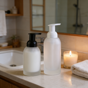 Flacon pompe en verre givré de 250 ml et 350 ml pour savon moussant cosmétique, nettoyant visage et corps. - Product Image 6
