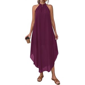 Robe longue fluide asymétrique en mousseline pour femme, style licou sans manches, idéale pour l'été, la plage ou les vacances, coupe décontractée à taille ample - Product Image 2