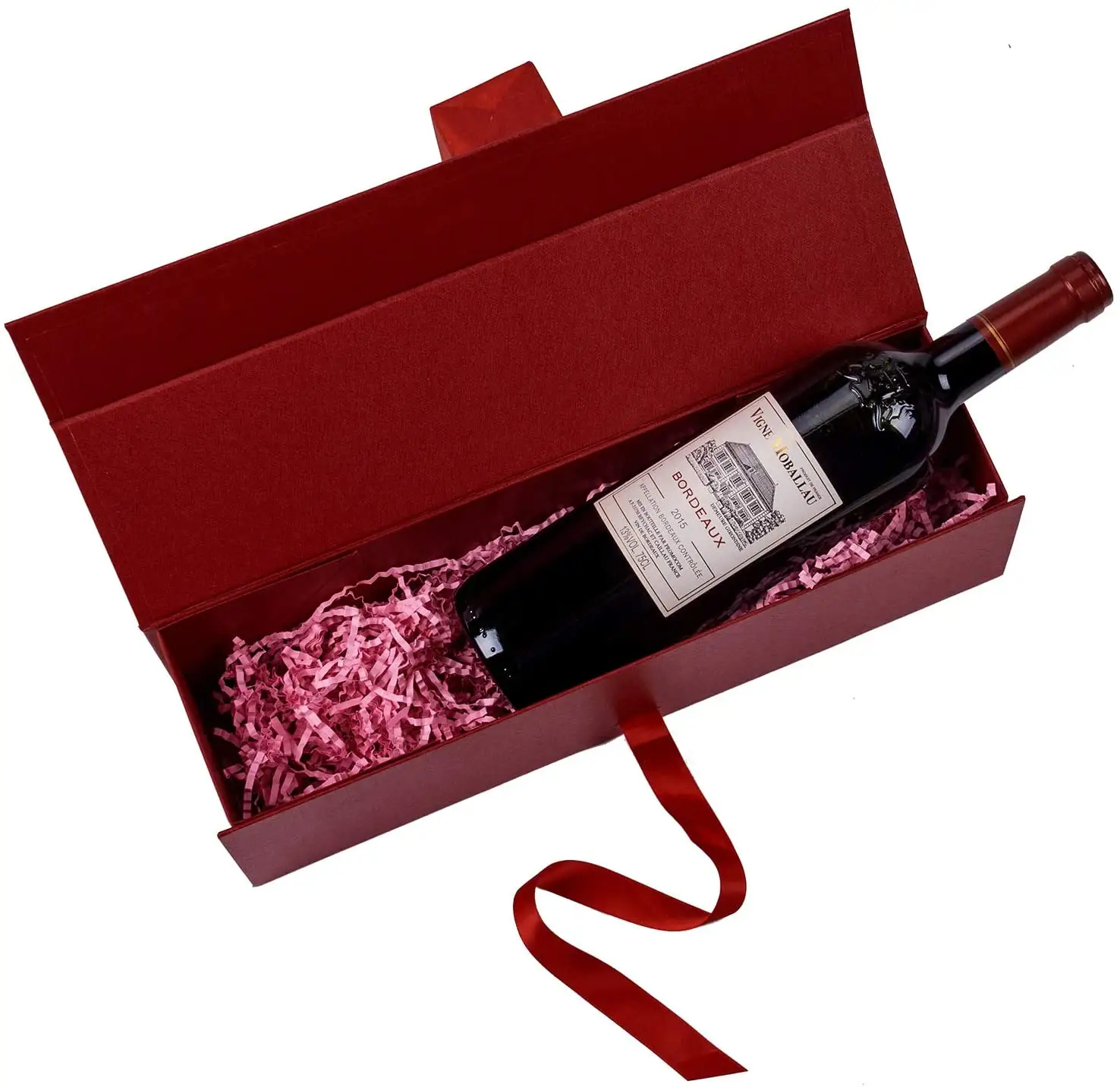 Customized Red Cardboard Paper Wine Bottle Packaging Gift Boxes Wine Box for Packing with Ribbon Magnetic Folding Rigid Boxes