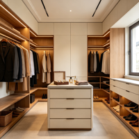 Armoire de rangement sur mesure de luxe avec éclairage LED intégré et îlot central pour chambre de villa