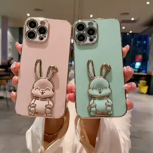 เคสโทรศัพท์เนื้อนิ่มรูปกระต่ายน่ารักสุดหรูสำหรับ iPhone 15 14 13 12 11 PRO MAX XS XR 7 8 Plus ฝาครอบขาตั้งซิลิโคนกันกระแทก