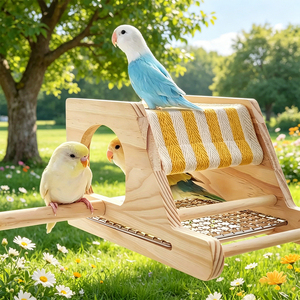 Estación de Descanso Multifuncional de Madera para Pájaros con Entrada en Arco, Cama de Cuerda y Base Ventilada para el Enriquecimiento de Aves Pequeñas - Product Image 1