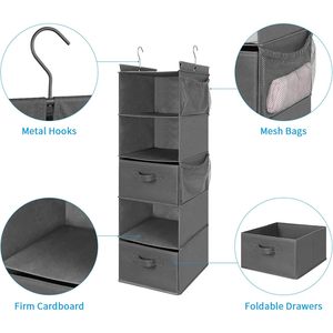 Organisateur de placard suspendu à 5 niveaux gris, étagère de rangement pliable avec crochets pour l'organisation de la chambre - Product Image 5