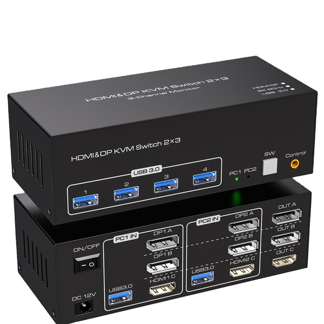 8K Triple 2 Displayport HDMI USB 3.0 KVM Switch 3 Monitors 2 Computers 4K 144Hz 2x3 Triple Monitor KVM Keyboard Mouse Switcher