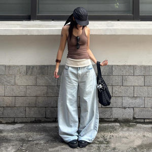 Vaqueros de pierna ancha de color azul claro con cintura tejida y dobladillo enrollado, pantalones vaqueros holgados de gran tamaño. - Product Image 2