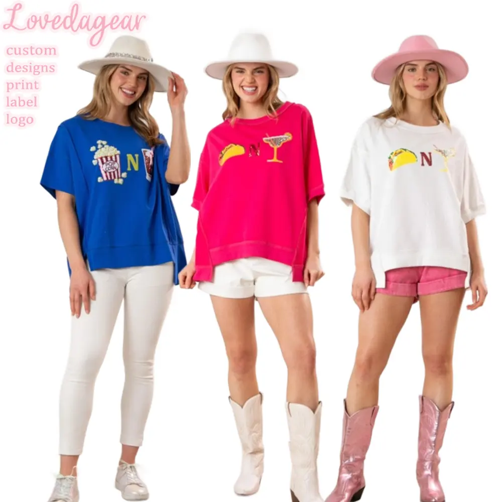 Loveda ODMOEM夏かわいい特大半袖トップスキラキラパーティーグラフィックプリントスパンコールスリットTシャツ女性用