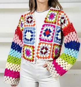 2024 Knitwear Supplier Custom Crochet Cardigan Crop Tops Women Summer Hippie Floral Crochet Sweater Outfit For Ladies