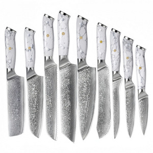 Couteau <span class=keywords><strong>de</strong></span> boucher/<span class=keywords><strong>chef</strong></span> japonais en acier Damas 67 couches AUS-10 avec manche en <span class=keywords><strong>pierre</strong></span> turquoise blanche – Offre spéciale - Product Image 1