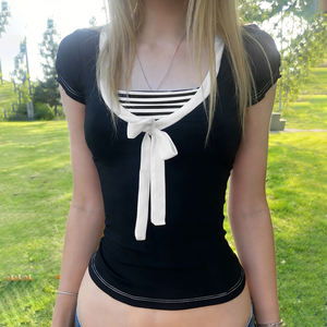 Camiseta de manga corta ajustada con detalle de lazo y bloques de color a rayas para mujer, top informal de verano estilo streetwear - Product Image 3