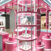 Kiosque de bijouterie rose pastel et menthe, stand modulaire avec présentoirs cylindriques éclairés par LED