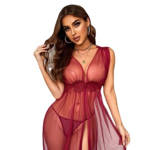 Vente en gros de lingerie sexy pour femmes, style européen et américain, robe de nuit en maille, col en V, transparente, tendance 2023 - Product Image 3