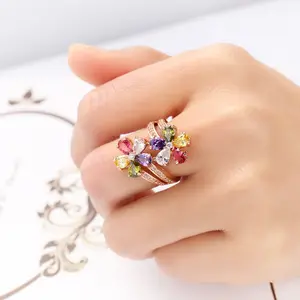 2022女士玫瑰金创意彩色锆石花戒指订婚派对饰品