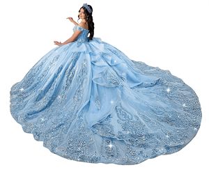 Abiti da Quinceañera Mumuleo <span class=keywords><strong>Blu</strong></span> Cielo 2026, Abito da ballo lungo fino al pavimento con strascico a cappella, in <span class=keywords><strong>raso</strong></span> moderno con stampa in pizzo, vita naturale, per adolescenti - Product Image 1