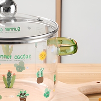 Casserole en verre écologique transparente, motif cactus, couvercle en verre, double poignée, 1600 ml, sans revêtement, pour cuisson sur cuisinière