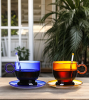 Set Cangkir Kopi dan Piring Kaca Borosilikat Vintage Kreatif Berwarna-warni, Dapat Disterilkan dengan Microwave atau Api Terbuka