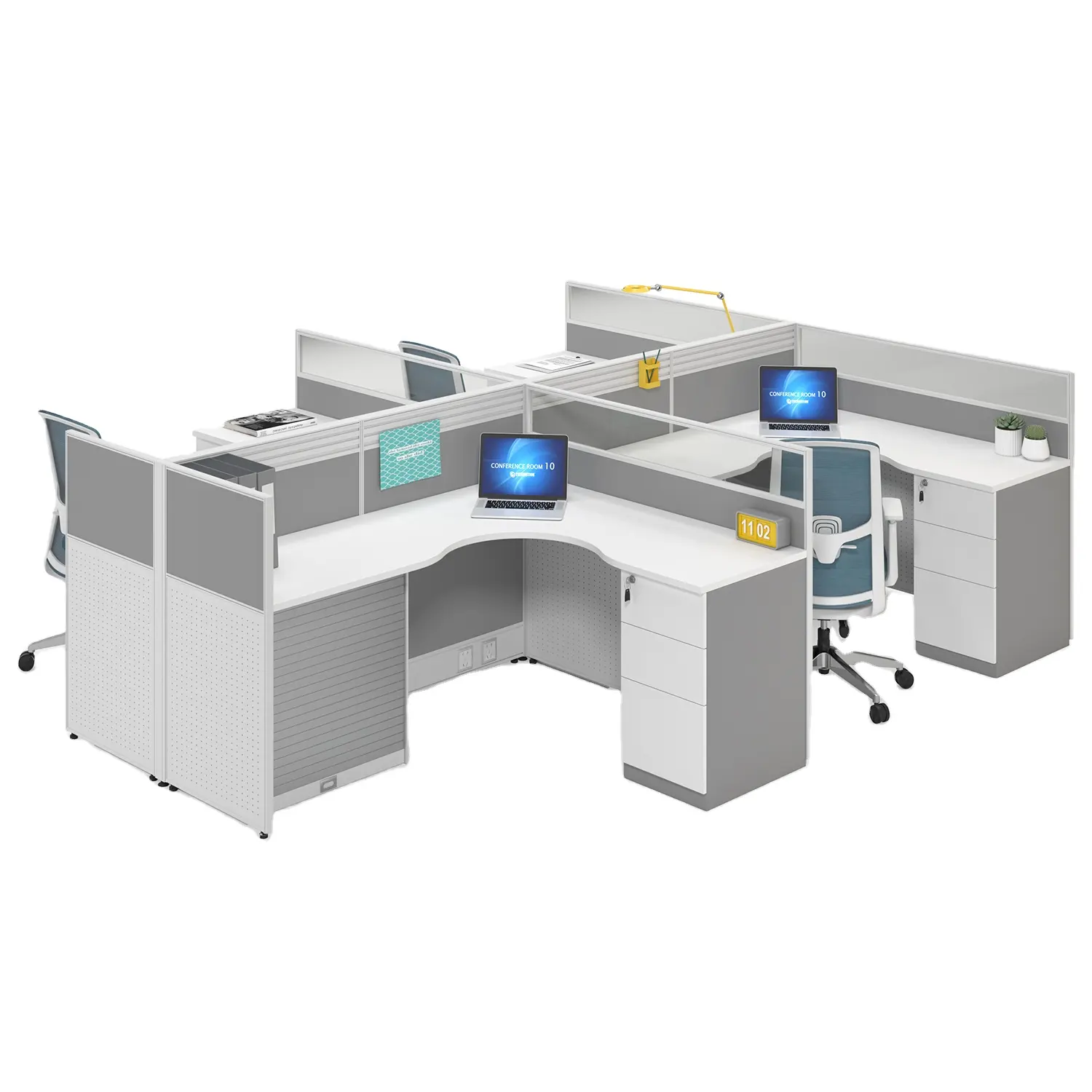 מודרני 4-אדם משרד תחנות עבודה, מודרני משרד מחיצות, מסכי שולחן עבודה יכול להיות מותאם אישית תחנות עבודה