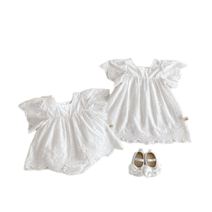 Robe barboteuse en coton crocheté à manches bouffantes et bordure en dentelle pour bébé fille Angou, tenue pour <span class=keywords><strong>sœur</strong></span> - Product Image 1