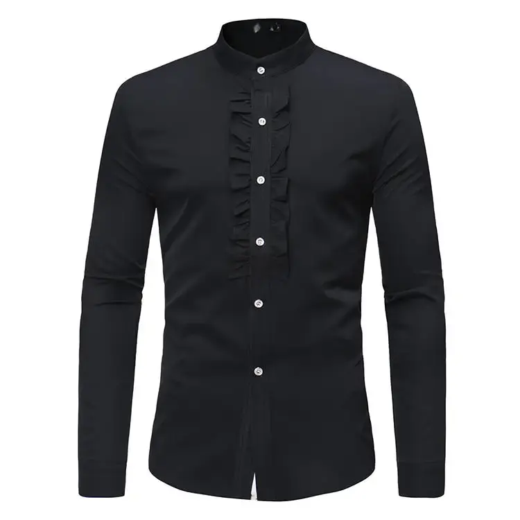 Camisa masculina formal de renda e botão, produtos de luxo, slim, com manga longa, branca, preta, formal, para homens