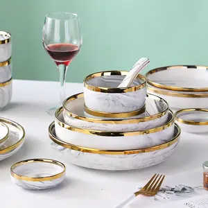 Luxury Marble Texture Ceramic Dinner Plates And Bowls Set Round Restaurant Hotel Dinnerware For Party Salad Soup Plate Set