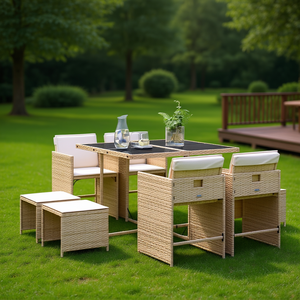 Ensemble de salle à manger de patio en rotin beige, 8 places, pliable, mobilier de jardin extérieur, style contemporain - Product Image 2