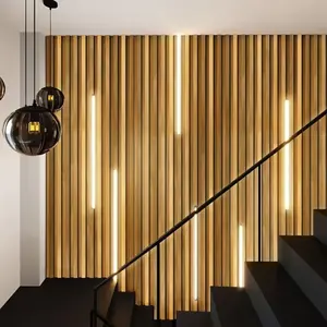 カサロナチュラルオーク木製LEDライト音響壁パネルリビングルーム用溝付き壁クラッディングスラット壁パネル