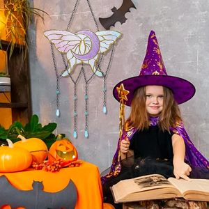 Décoration murale d'Halloween peinte à la main 10.3 ''papillon lune vitrail panneau cristal décor attrape-soleil Halloween Wall Art - Product Image 6