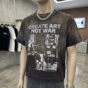 T-shirt noir à manches courtes pour homme, motif « Create Art Not War » à paillettes, col rond, style streetwear, coupe oversize, en soie respirante - Product Image 1