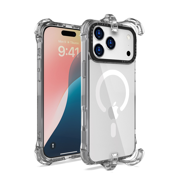 Premium Clear TPU+PC Hybrid Case for 17 Pro Max with Invisible Bracket Card Holder High Shockproof Protective Hard Bumper