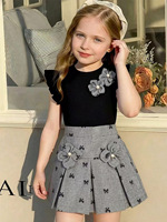 Ensembles 2 pièces d'été pour filles style occidental : Haut côtelé uni à motif floral élégant + Jupe plissée trapèze