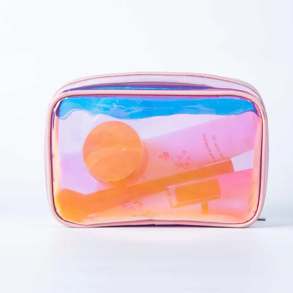 Bolsa de maquillaje de lujo impermeable, organizador de viaje transparente brillante, láser, holográfica, TPU, bolsa de cosméticos