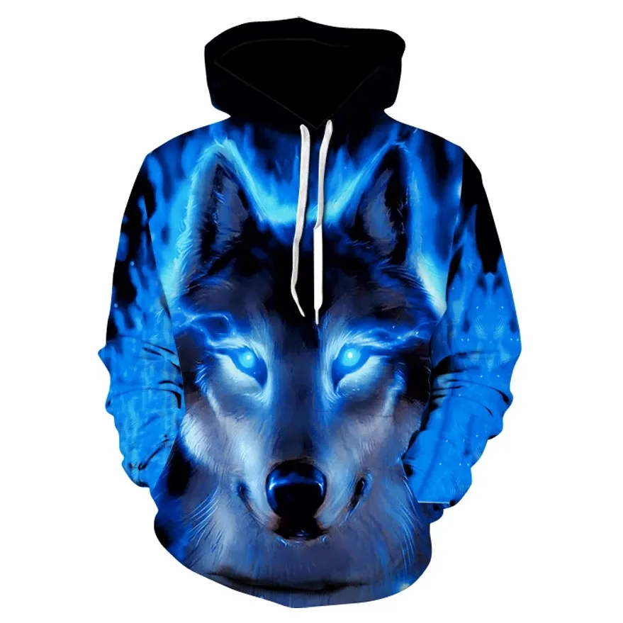 Custom Logo Hoodie Fashion 3D Wolf Printing Loose Streetwear Men's Pull Over Wolf Hoodies Men