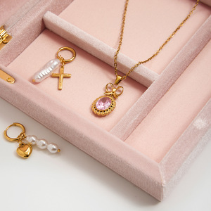 Stainless Steel Pink Zircon Pendant Necklace Bowknot Design Bezel Setting <b>Gift</b> Jewelry For Women - Product Image 4
