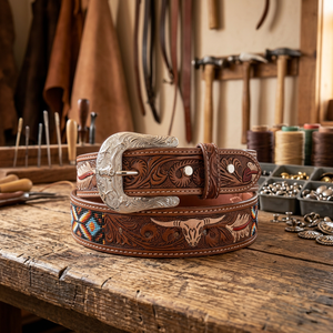 Westlicher bestickter Cowboy-Ledergürtel mit perlenbesetztem Blumenmuster, silberner Schnalle, lässiger ethnischer Stil, langlebiger handgefertigter Gürtel - Product Image 5