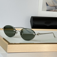 Lunettes de soleil de luxe pour femme, sans monture, ovales, monture en métal argenté, verres vert foncé, protection UV400, branches décorées, pour la mode et les soirées