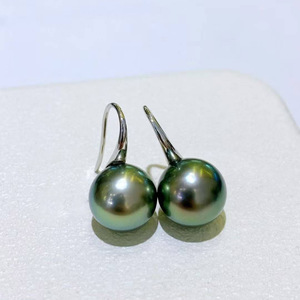 S925 Sterling <b>Silver</b> Tahitian Pearl Hook <b>Earrings</b>, 9-10mm Aurora Peacock Green Cultured Seawater Pearl Near Round for women - Product Image 1