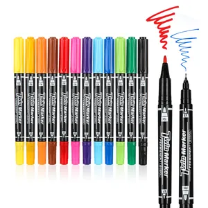 New Arrival Customized 12 Color Dual Tip Marker Waterproof Fine Tip Double Nibs Fineliner Marker Set With Clip
