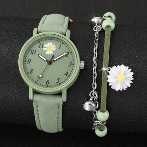 Reloj de cuero con esfera de margaritas a la moda para mujer, pulsera de flores verdes, movimiento de cuarzo de 16mm de ancho, caja de aleación, abalorio de esfera de cristal - Product Image 3
