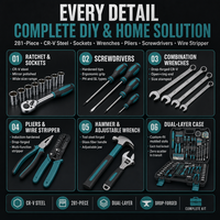 Kit d'outils complet de 281 pièces pour bricolage, avec mallette rigide OEM, comprenant clé à douille, tournevis, pinces, clé combinée, marteau, clé hexagonale et dénudeur de fils