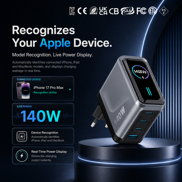 KYT 140w Eu Pd 3.1 Led Display Desktop Nano Multi-port Gan Fast Wall Charger